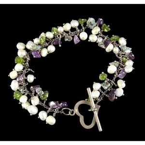 STERLING SILVER Beaded Dangles Bracelet WHITE PEARLS Amethyst & Peridot CLUSTER